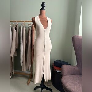 Open Edit Cream Butter Yellow Midi Dress with Front Zip